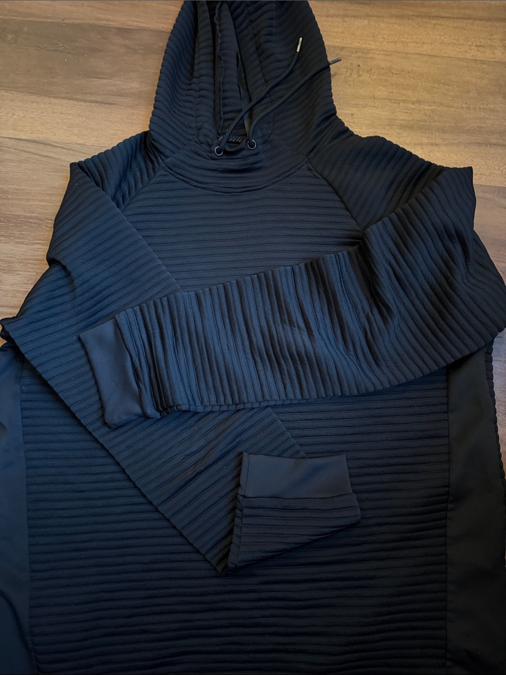 Apana Black Ribbed Pullover Hoodie for Men